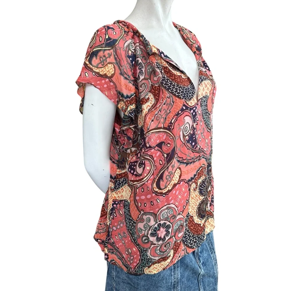 A.L.C. “June” Orange & Pink Paisley Floral 100% Silk Short Flutter Sleeve Top 10 - Picture 5 of 10